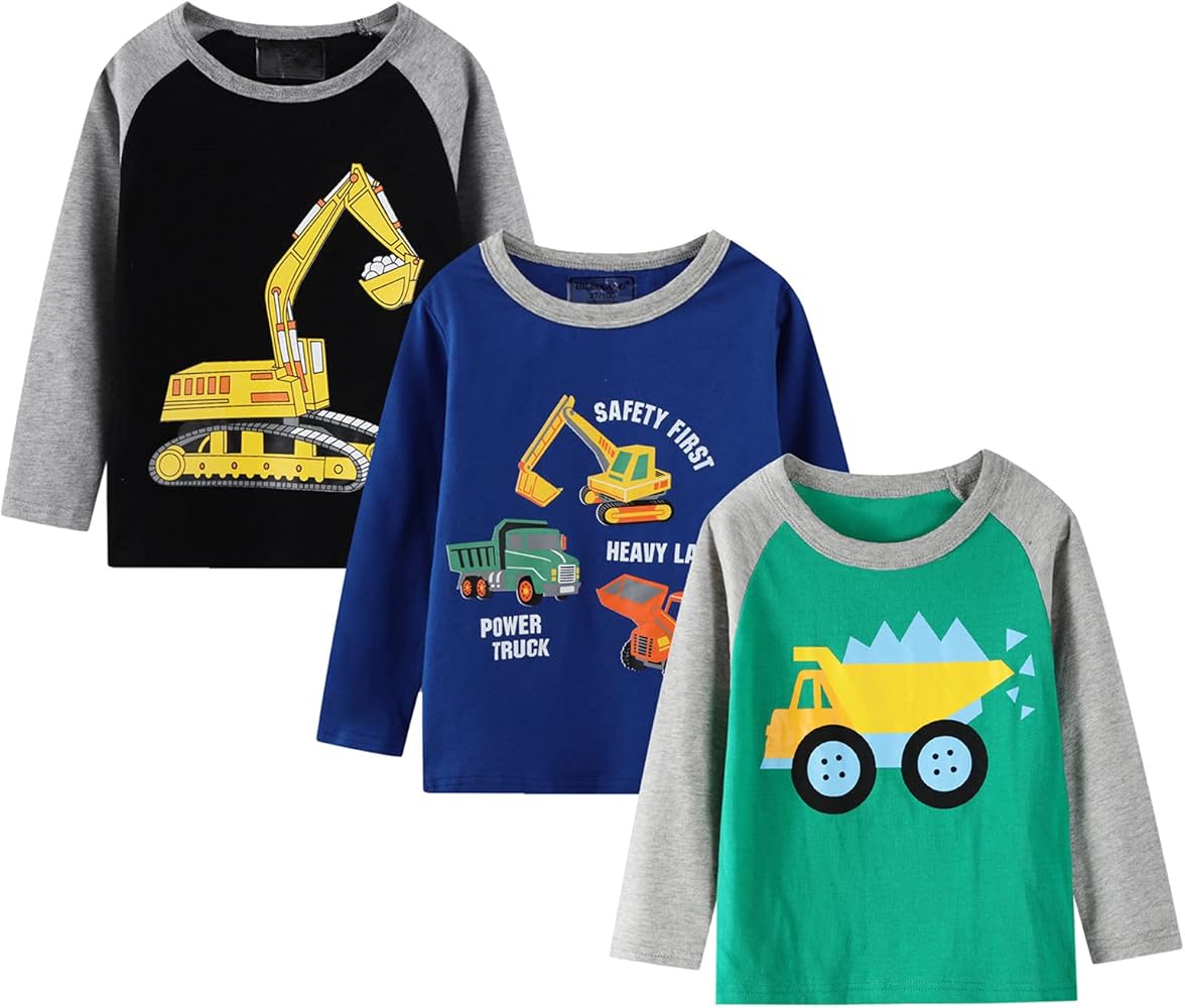 HILEELANG Boys Long Sleeve Tops Tees Shirts Graphic Cotton Casual Crewneck T-Shirts Sets 3 Packs