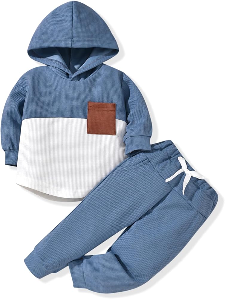 Toddler Boy Fall Winter Clothes Waffle Hooded Sweatshirt Tops Pant Outfit Color Block Long Sleeve Clothing