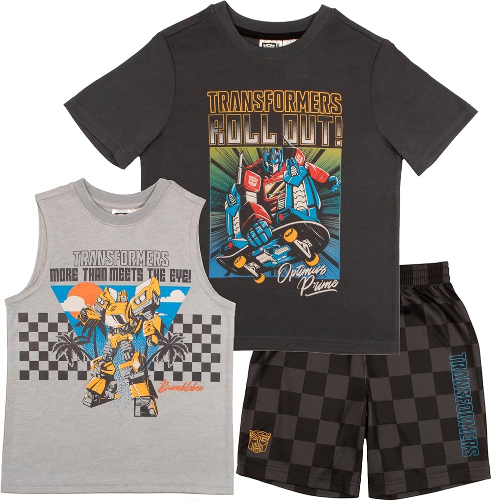 Transformers Boys 3 Piece Short Set Short Sleeve Shirt Tank Top Shirt and Shorts 3 Pack Bundle Set for Kids