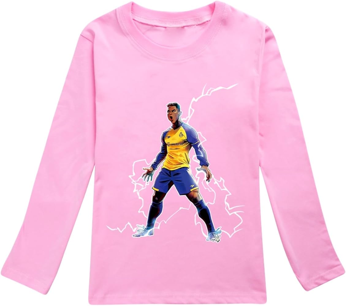 ENDOH Little Kids Round Neck Shirts Al-NASSR FC & Ronaldo Printed Tee Shirt,Cotton Long Sleeve Tops in 2-16Y(6 Colors)