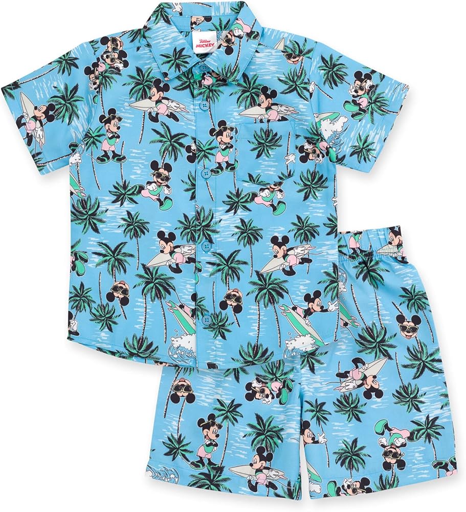 Disney Mickey Mouse Minnie Mouse Hawaiian Button Down Shirt and Shorts Outfit Set Toddler to Big Kid Sizes (2T - 14-16)