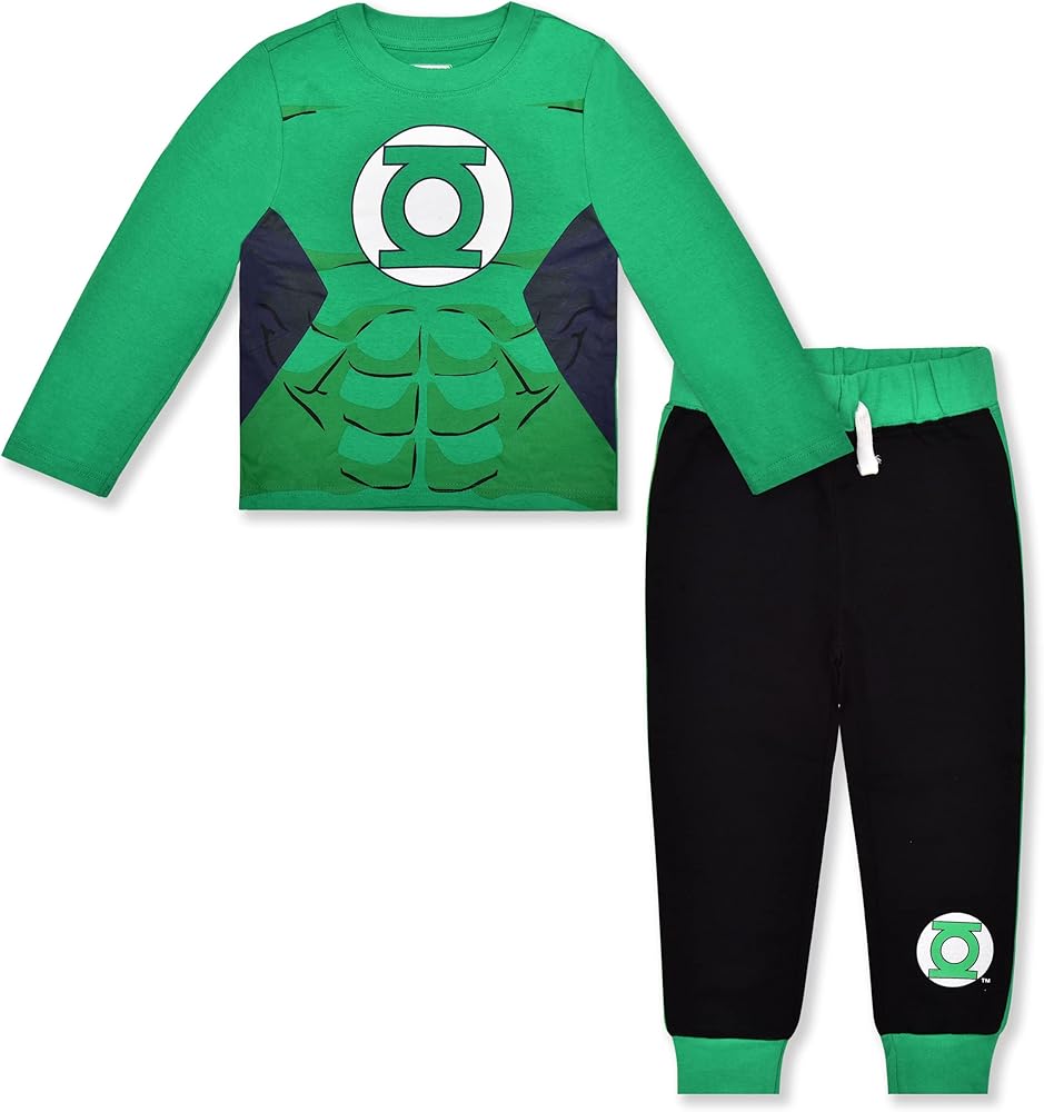 DC Comics Batman, Superman, Green Lantern or Flash Boys Long Sleeve Shirt and Pants Set for Toddler and Little Kids