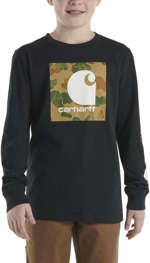 Carhartt Kid's CA6449 Long-Sleeve Camo Graphic T-Shirt - Boys - Large (14-16) - Caviar Black