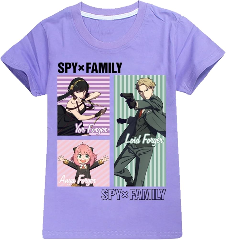 Toddler Boys Girls Spy Family Pullover Shirts Anime Daily Cozy Short Sleeve T-Shirt Round Neck Tops for Summer Purple