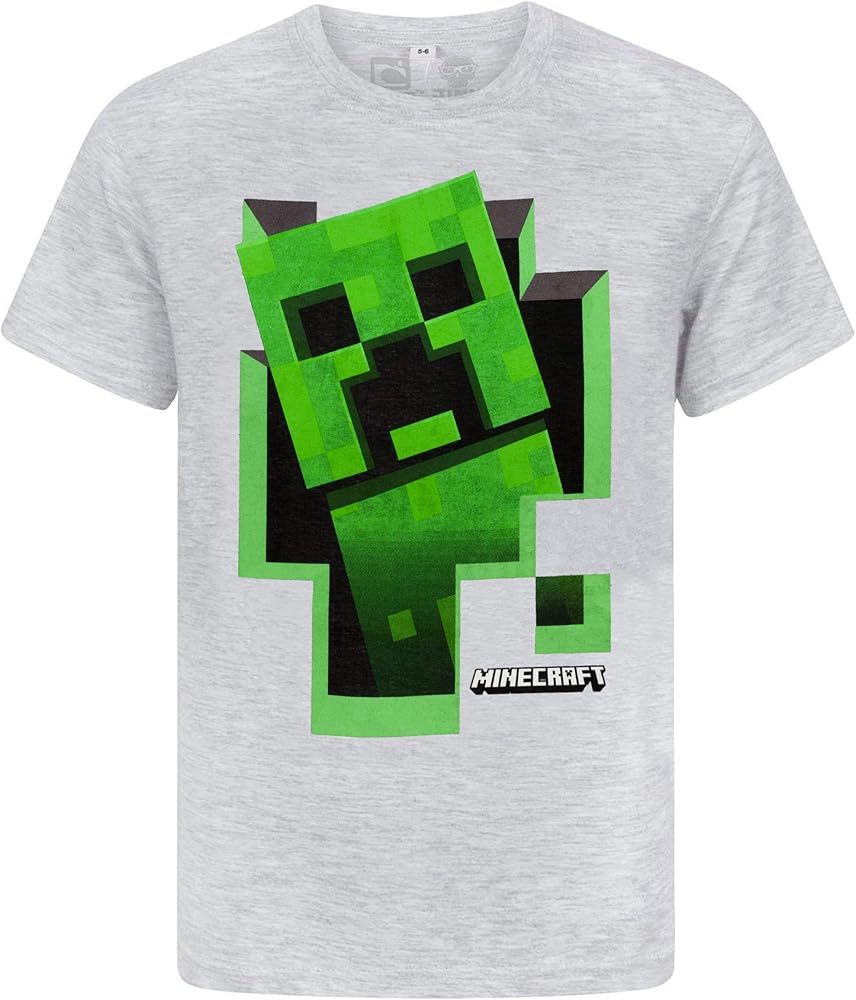 Minecraft Boys T Shirt Green Creeper Kids Grey Short Sleeve Mojang Top