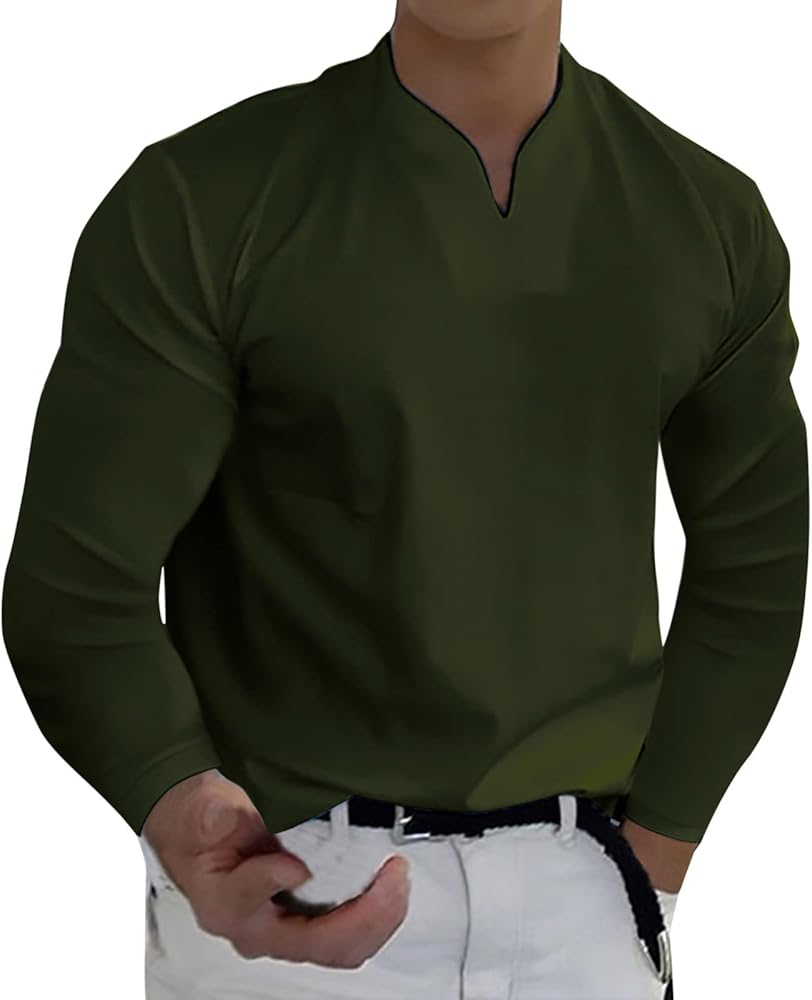 Men Spring Spring &Winter Casual V Neck Solid Long Sleeve Tee Shirt Top Blouse Boy Indoor Slipper FFFG Green