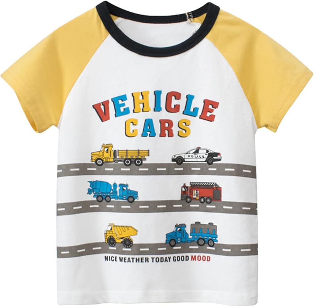 Toddler Boys Girls T-Shirt Short Sleeve Round Neck Cartoon Vehicle Printed Blouse Summer Casual Tops for Kids