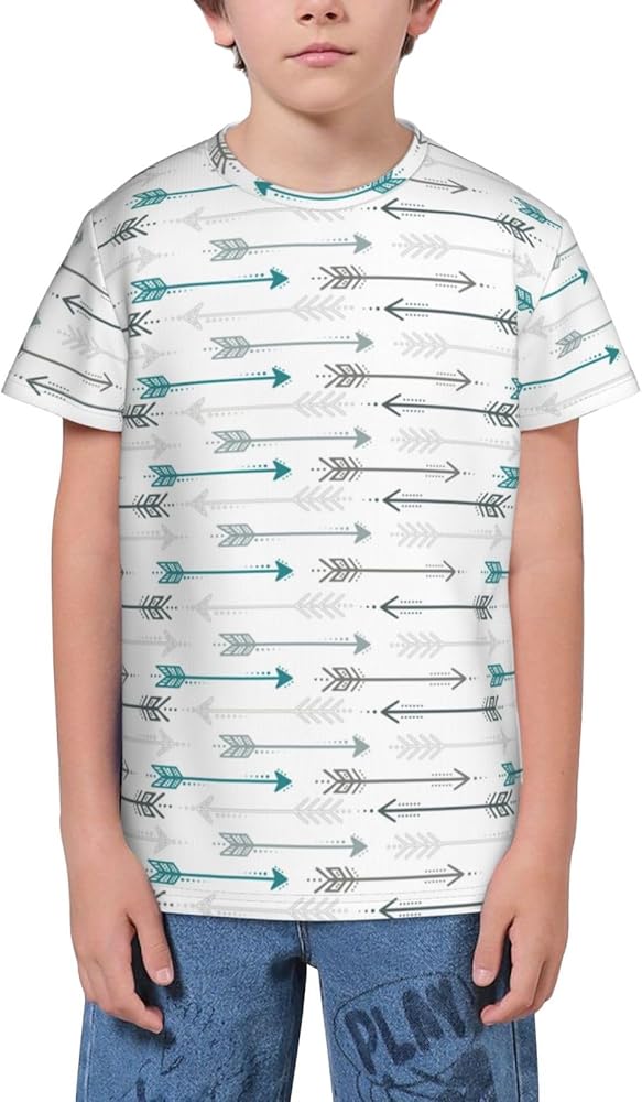 Teal Retro Arrow Pattern Teen Boys Short Sleeve Crew Neck T-Shirt Casual Tee Tops for Youth Kids