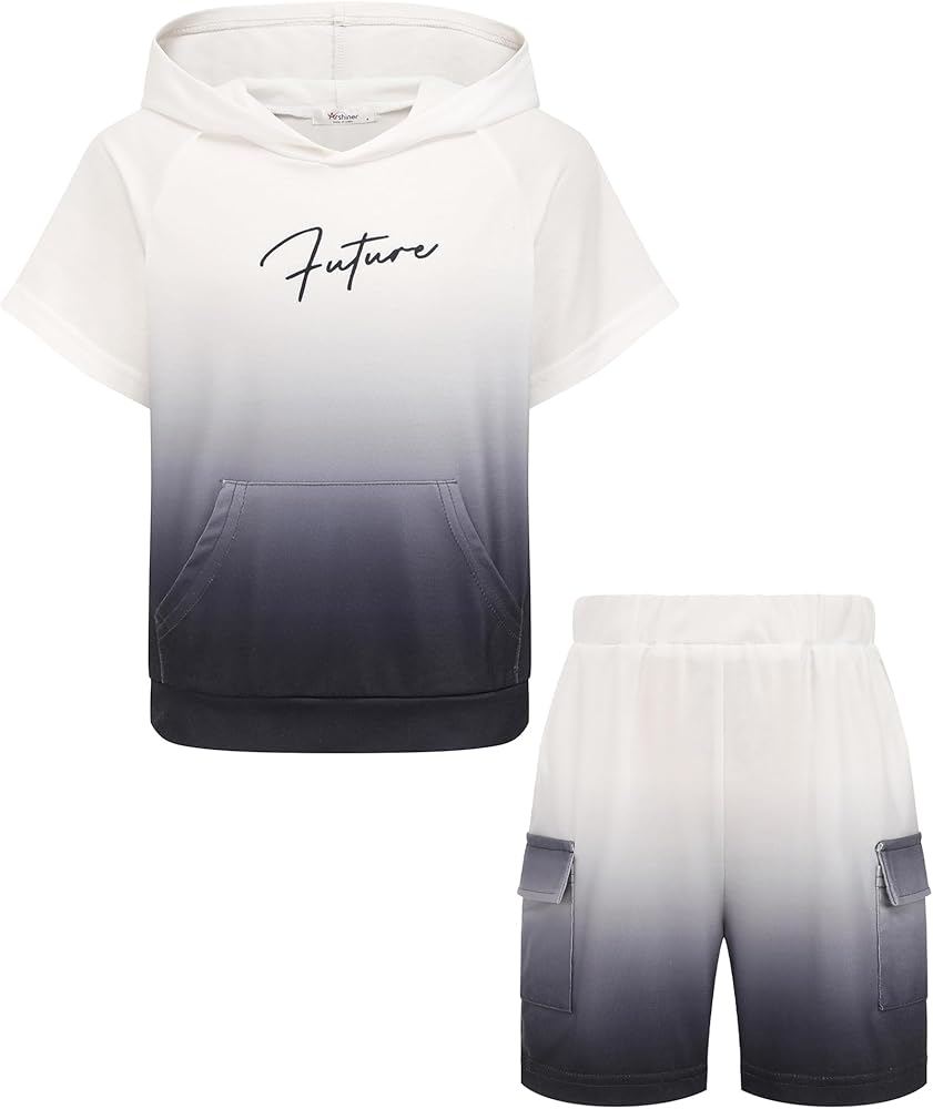 Arshiner Boys Summer Outfits Letter Graphic Short Sleeve Pullover Hooded T-shirt and Shorts Set