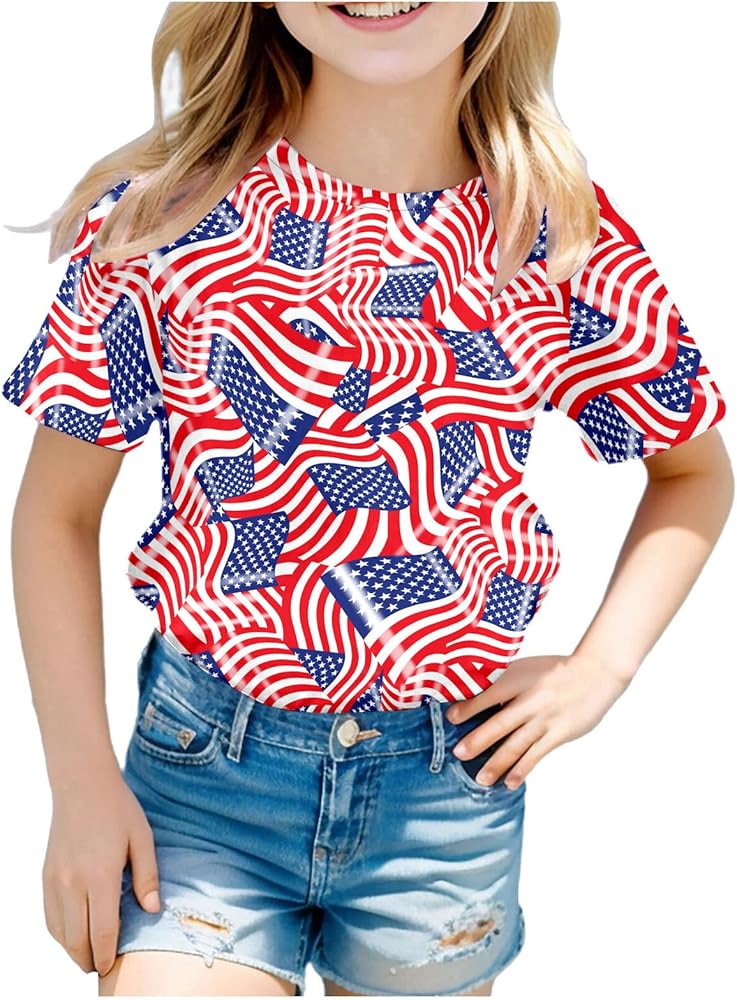 Little Boys Girls 4th of July T-Shirt Patriotic Print Tees Shirt Fashion Short Sleeve Round Neck Memorial Day Tees Tops 4-10 Years,Fourth of July Toddler Boy,Toddler 4Th of July Shirt Pink