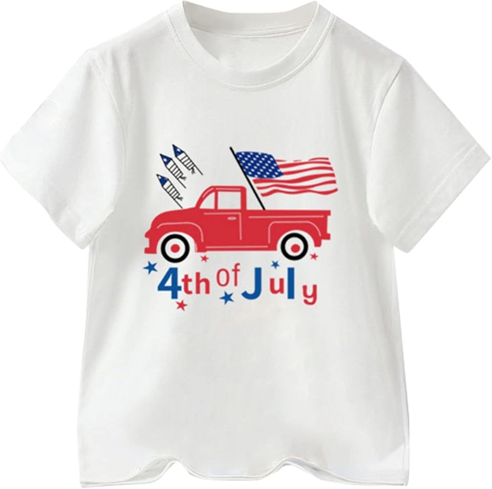 Boys 4th of July Shirt Girls American Flag Tees Toddler Kids Short Sleeve Cartoon Car Letter Printed Tops Patriotic T-Shirts