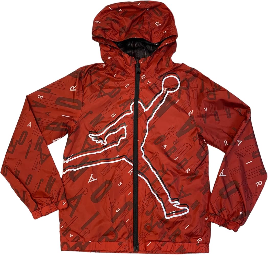 Jordan Boys All Over Logo Windbreaker Jacket in Gym Red with Hood Rain Jacket (as1, alpha, m, regular, Gym red)