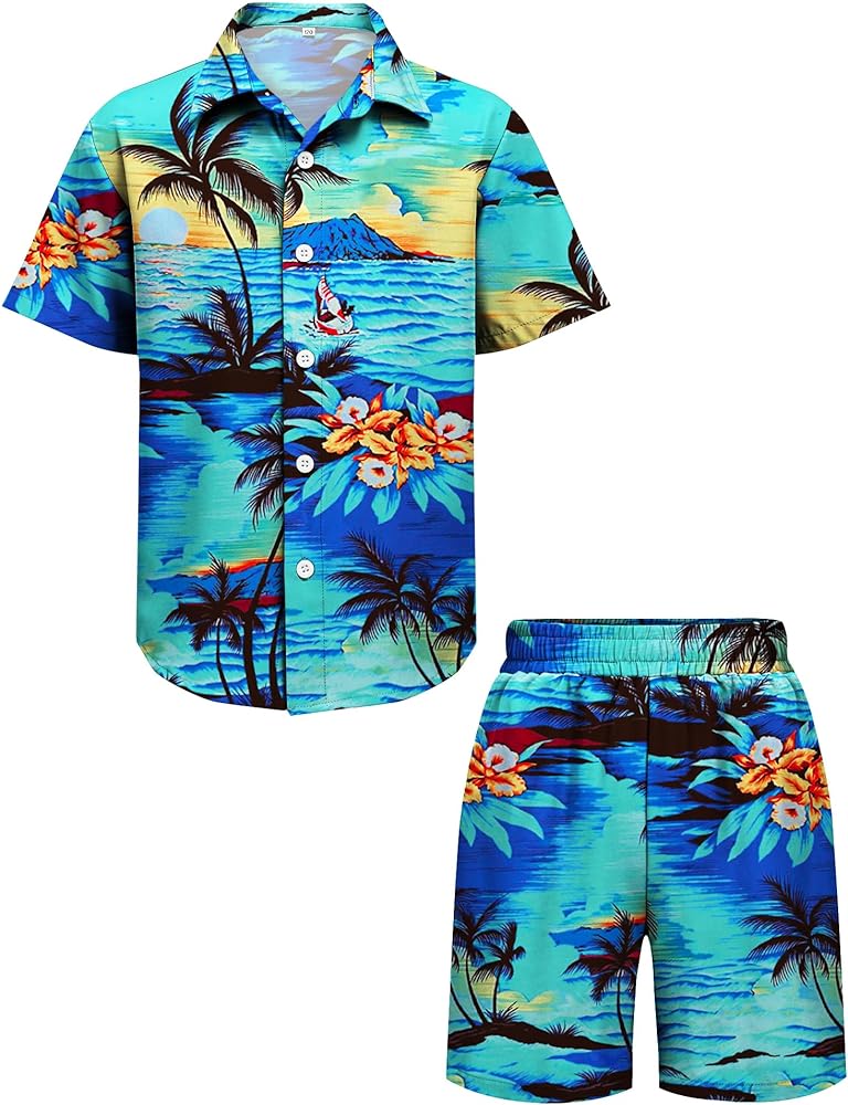 LecGee Boy's 2 Piece Outfits Hawaiian Shorts Sets Tropical Print Button Down Short Sleeve Shirt and Shorts