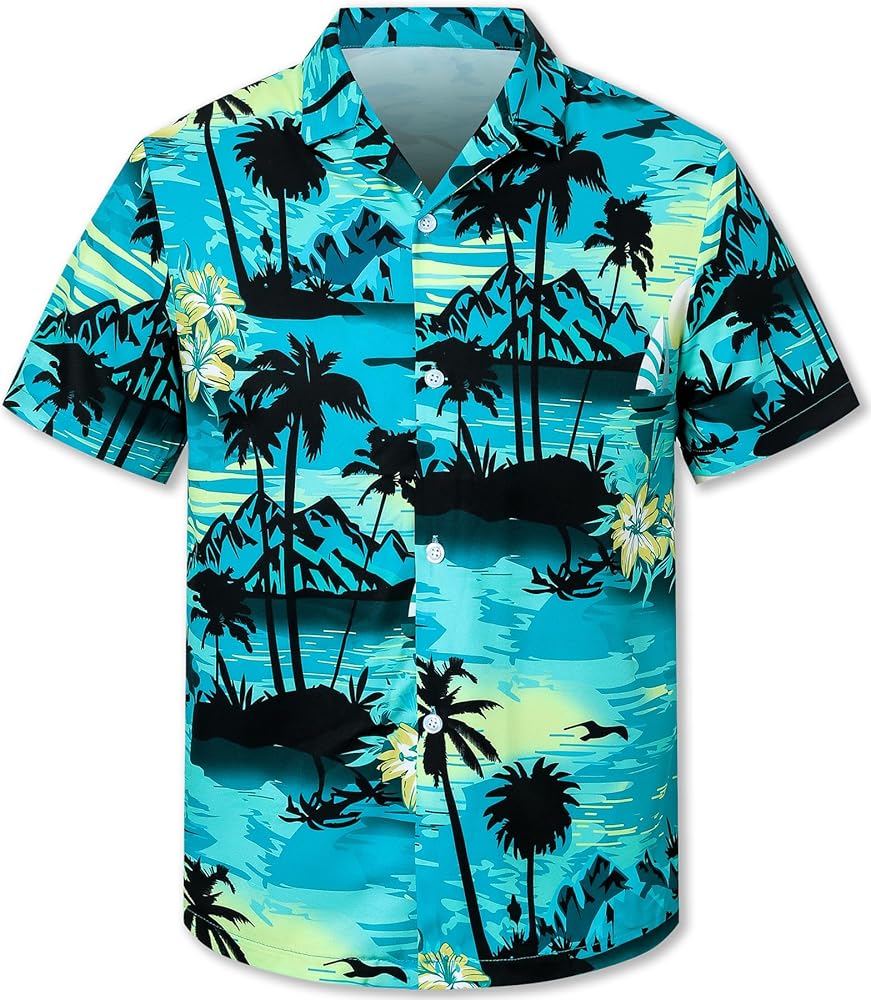 QZH.DUAO Men's & Boys Hawaiian Shirt Cuban Collar Short Sleeve Button Down Shirt Tropical Summer Beach Shirts