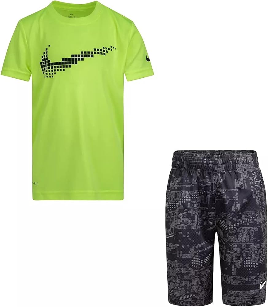 Nike Boy`s Graphic T-Shirt and Shorts 2 Piece Set (Black(86H364-023)/Volt, 7, 7_Years)