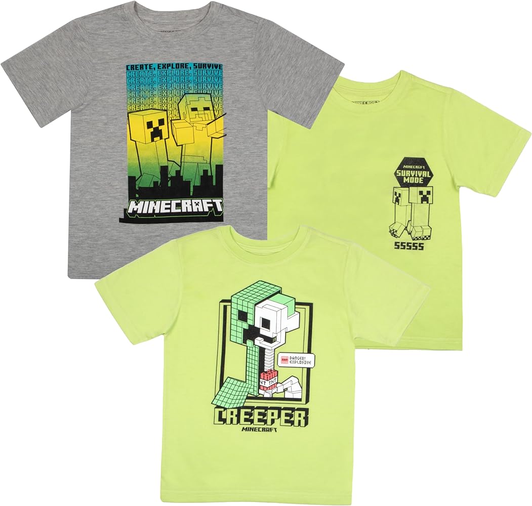 Minecraft Creeper Graphic Boys 3-Pack Short Sleeve T-Shirt Bundle Set for Kids