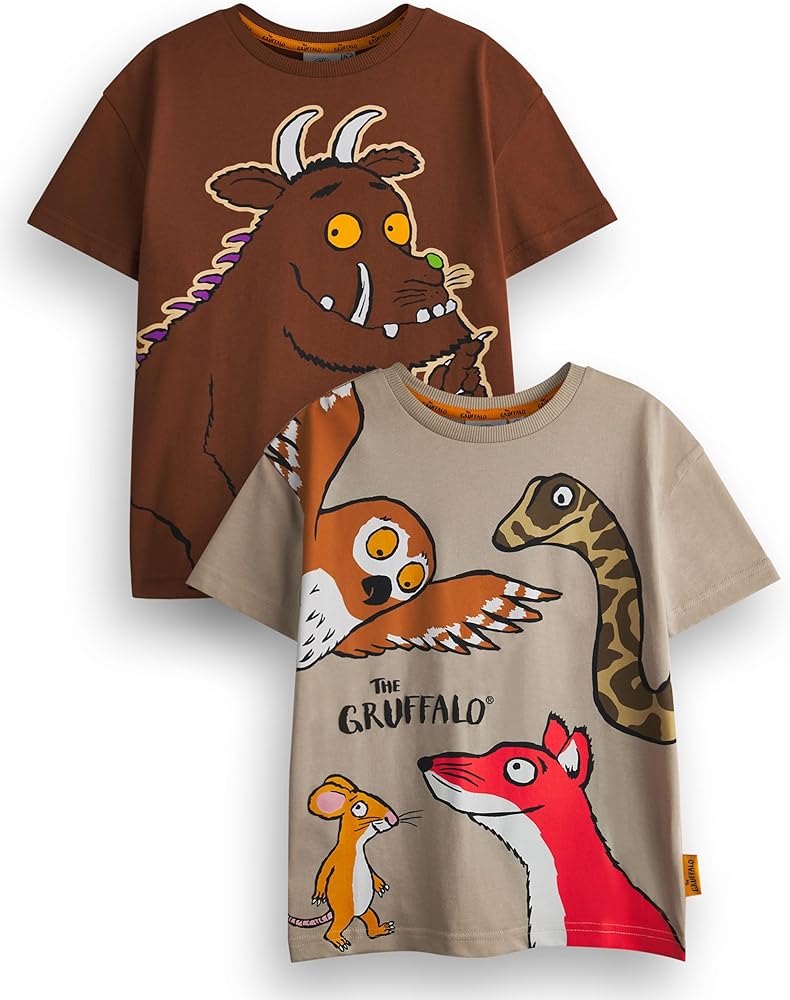 The Gruffalo Kids T-Shirt Pack of 2 | Brown Gruffalo & Friends Graphic Tee for Boys | Short Sleeve Multi-Pack Top Set