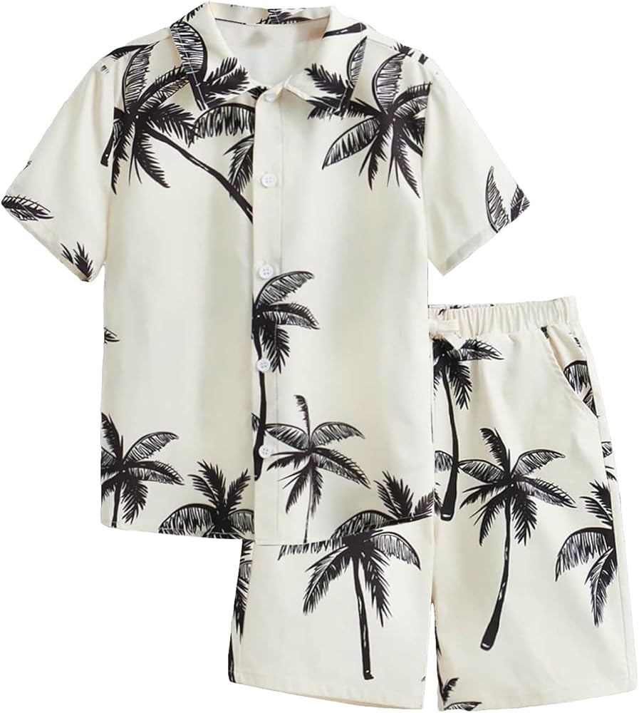 Boy's 2 Piece Tropical Pattern Short Sleeve Collar Neck Button Front Blouse Shirt Top and Shorts Sets