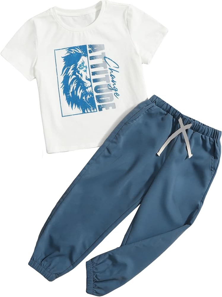 Floerns Boy's 2 Piece Outfit Short Sleeve Tee Shirt Drawstring Waist Pants Set