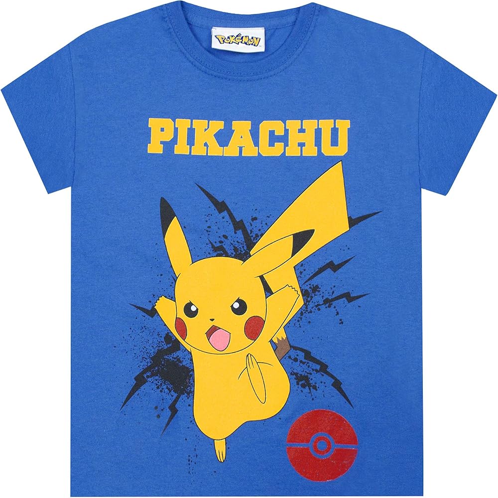 Pokemon Boys T-Shirt Pikachu Bolt Kids Blue Gamer Gift Top