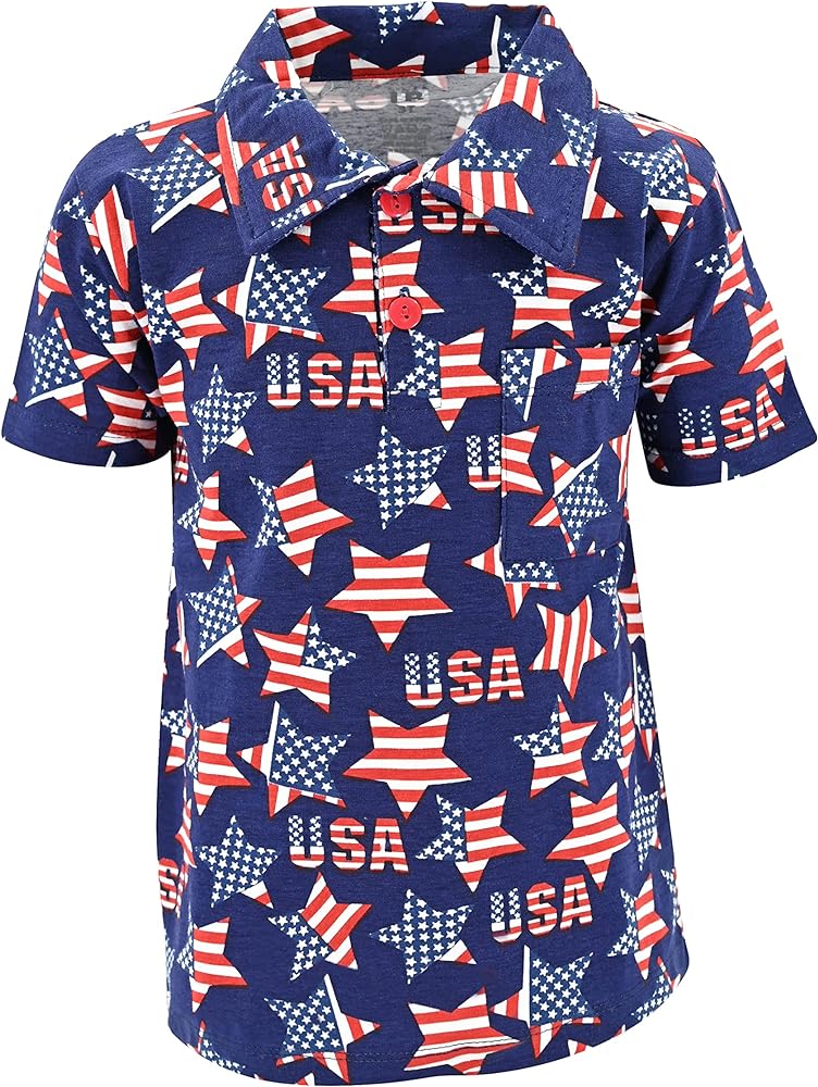 Unique Baby Boys American Flag Stars 4th of July Polo T Shirt (7Y, Navy Blue)