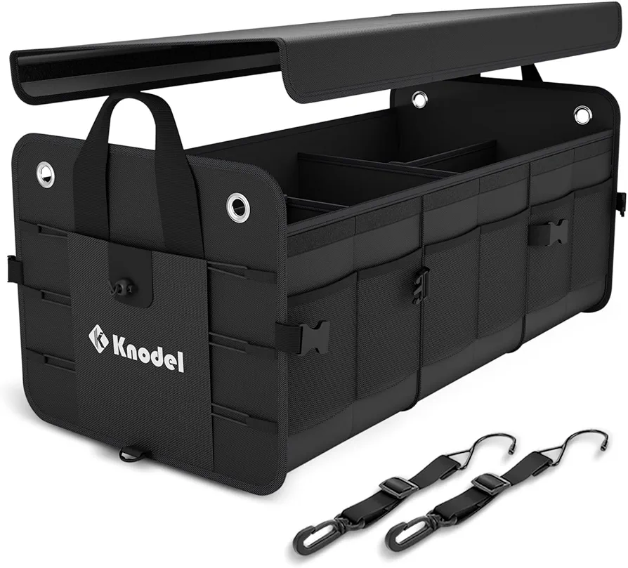 K KNODEL Car Trunk Organizer, Foldable Cover, Heavy Duty Collapsible Car Trunk Storage Organizer, Car Cargo Trunk Organizer with Lid, 3 Compartments, with Straps (Black)