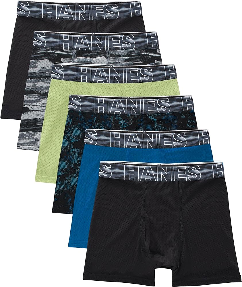 Hanes Boys' Big Performance Tween Boxer Brief Pack, X-temp Mesh Stretch Underwear, Black, 6-pack