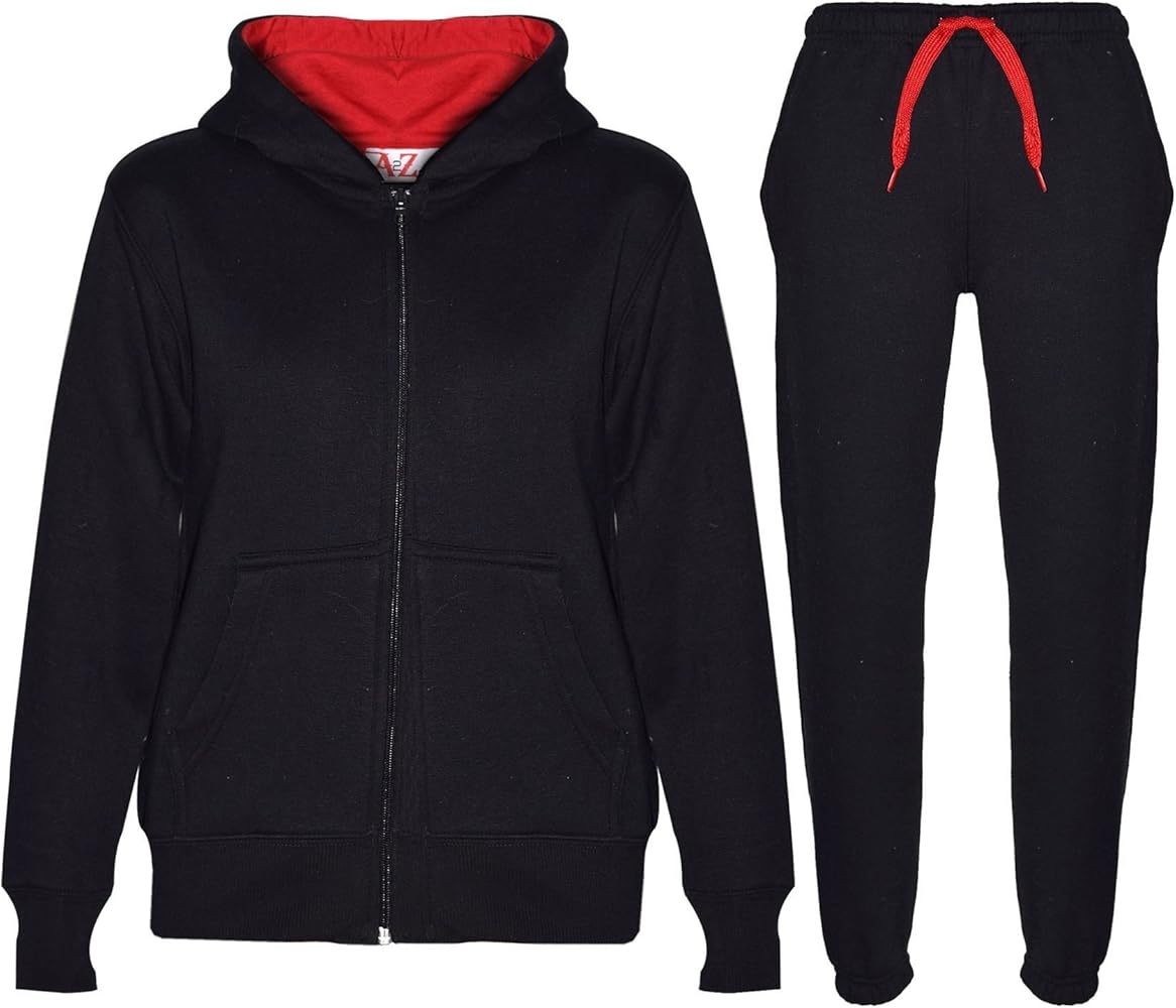 Kids Plain Tracksuit Black & Red Contrast Hoodie with Jogger Activewear Set