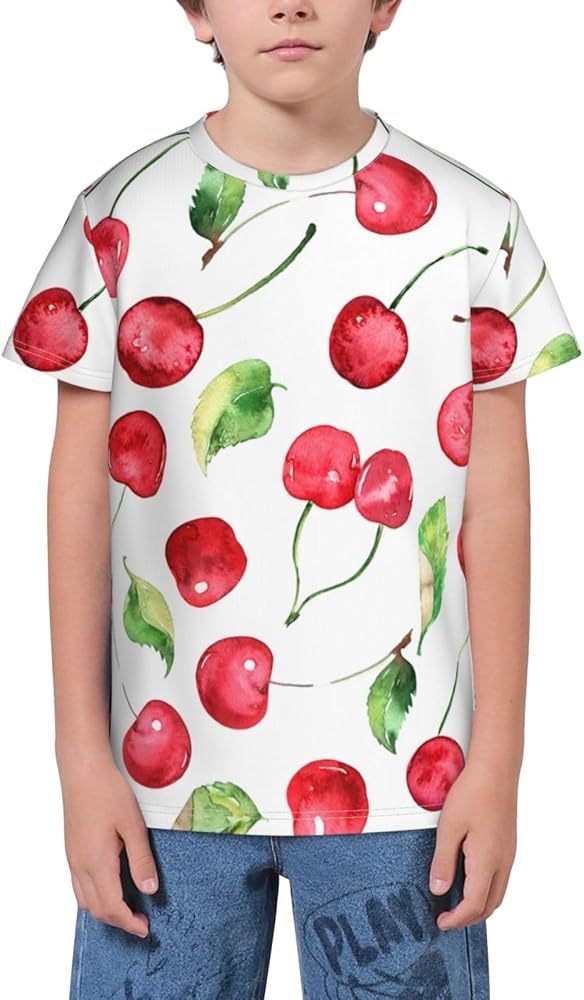 Red Cherries On Tree Branch Teen Boys Short Sleeve Crew Neck T-Shirt Casual Tee Tops for Youth Kids