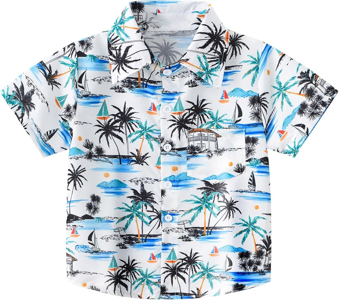 Toddler Boys Short Sleeve Summer Casual Cartoon Prints Gentleman Tops Hawaii Beach Holiday Floral Shirts T Shirt Toddler Boy Tops 2t (White, 11-12 Years)