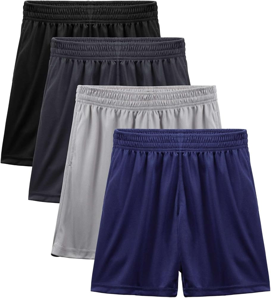 Boys Athletic Shorts, Boys Basketball Shorts, Boys Quick Dry Shorts Pack with Pockets, Drawstring, Elastic Waistband