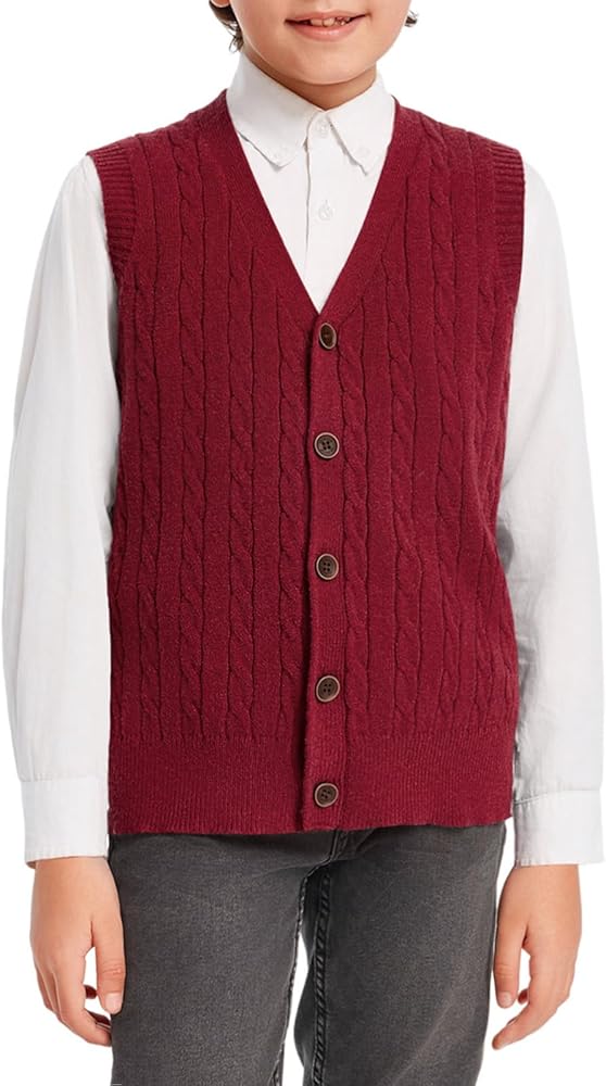 Haloumoning Boys Sweater Vest Cable Knit Button Down V Neck Sleeveless Cardigan Kids School Uniform Winter Tops