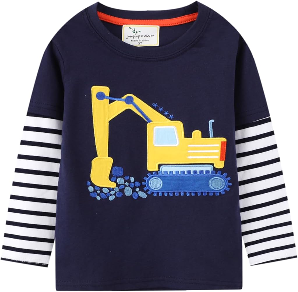 Toddler Baby Boy Embroidered Graphic Long Sleeve T-Shirt Excavator Tops Kids Striped Tees for 2-7T