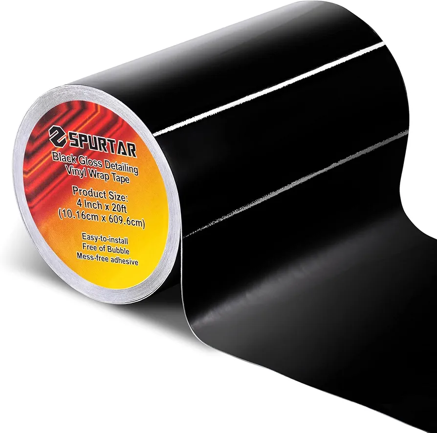 Spurtar Gloss Black Vinyl Wrap Tape 4 Inch x 20ft Air-Release Adhesive Vinyl Tape, Universal Vinyl Wrap for Cars Detailing Wrap Roll DIY Car Door Edge Guard Protective Anti-Scratch Sticker 10 X 600CM