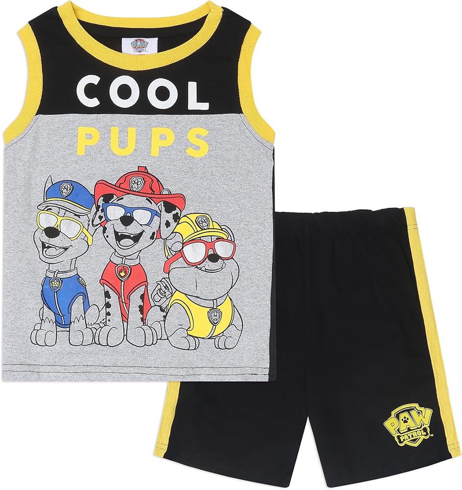 Paw Patrol Nickelodeon Marshall, Rubble and Chase Boys Tank Top and Shorts Set for Toddler and Little Kids – Black/Grey