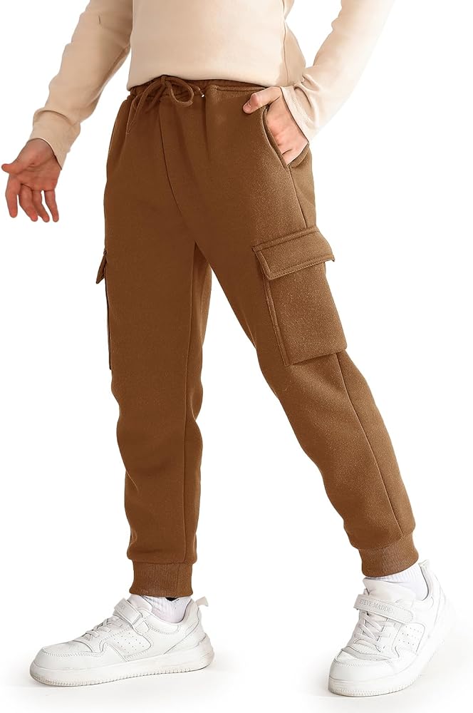 Haloumoning Boys Fleece Sweatpants Athletic Joggers Kids Fall Cargo Pants with Pockets 5-14 Years