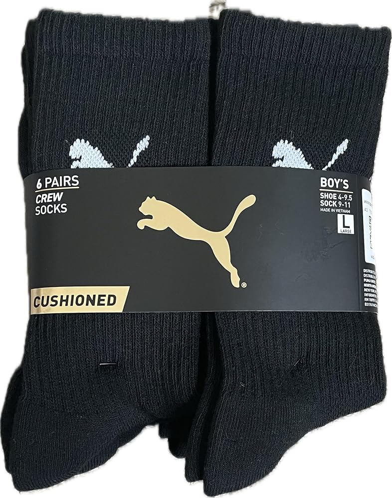 PUMA 6 PAIRS BOYS CREW SOCKS SIZE 4-9.5