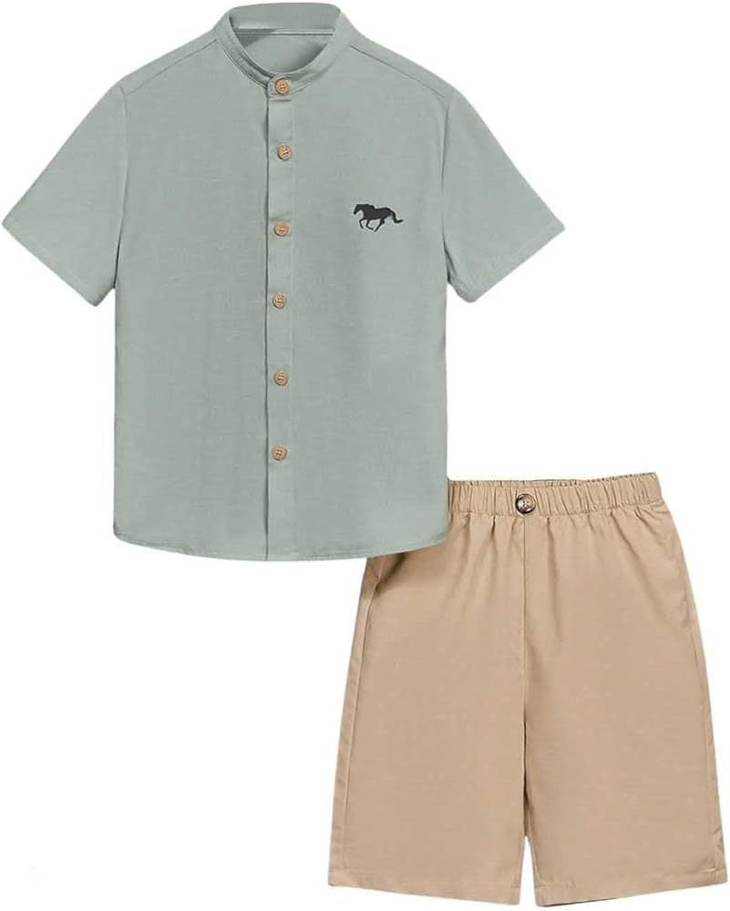 Verdusa Boy's Mock Neck Short Sleeve Shirt and Shorts Set Casual 2 Piece Outfits