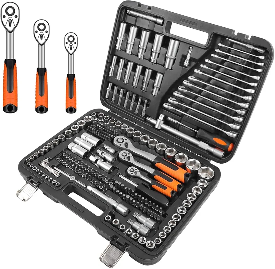 Mechanics Tool Set Kit 219PCS Socket Wrench Set 1/4", 3/8", 1/2" Drive Ratchet Set CrV Steel Mechanic Tool Set Automotive with Metric Socket, Hex Key, Wrench, Extension Bar for Auto Repair,Home,Garage