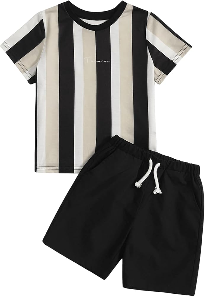 Floerns Toddler Boy's Striped Print Tee Tops Drawstring Waist Track Shorts Set