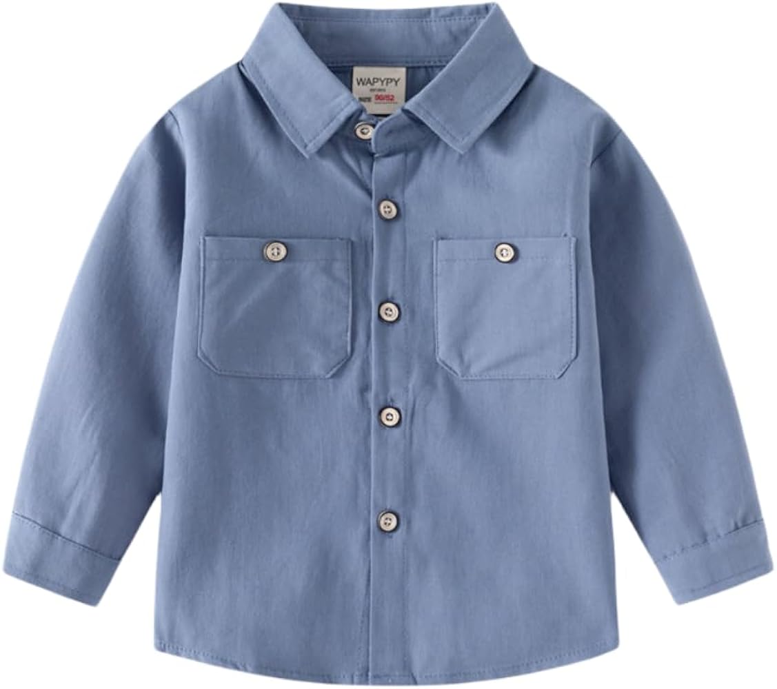 Baby Boys' Solid Color Long Sleeve Dress Shirts Classic Collared Button-Down T shirt Cotton Top with Chest Pocket