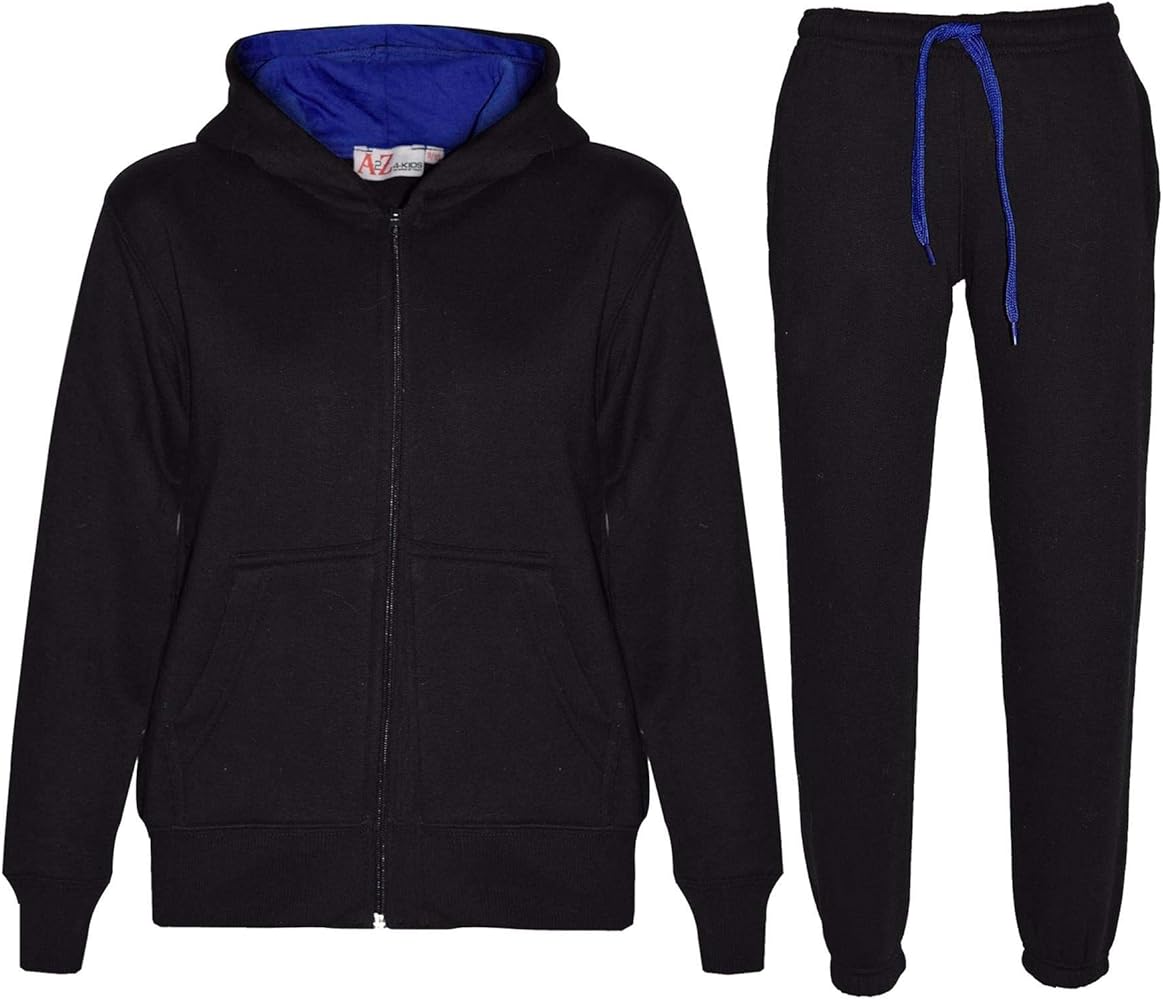 Kids Plain Tracksuit Black & Royal Contrast Hoodie with Jogger Activewear Set