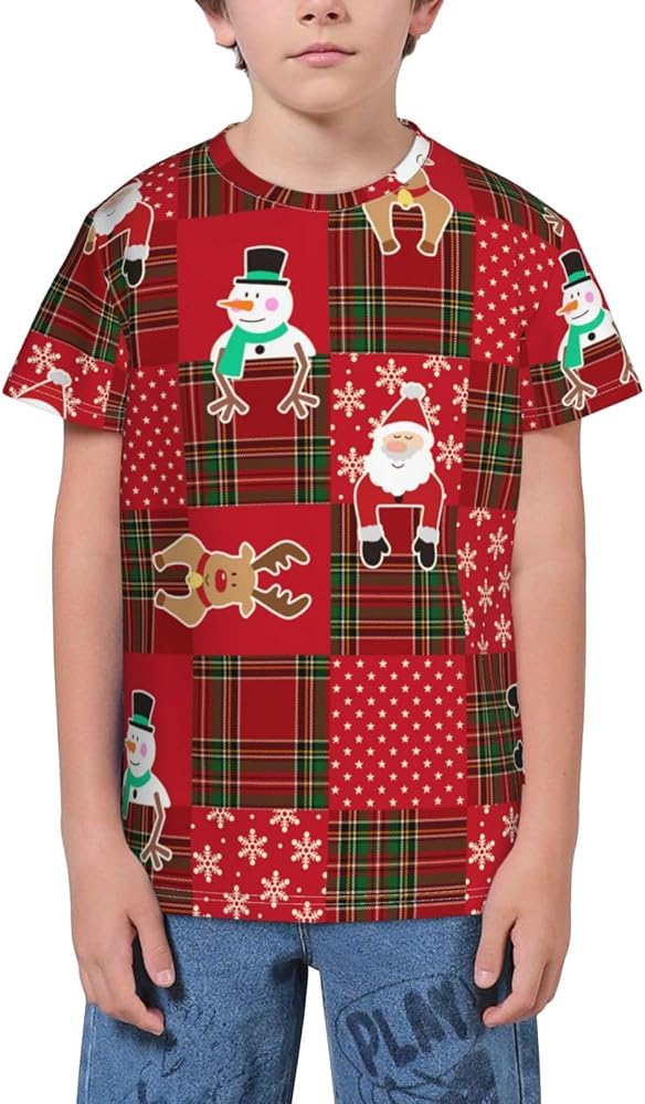 Christmas Plaid Deer Santa Claus Teen Boys Short Sleeve Crew Neck T-Shirt Casual Tee Tops for Youth Kids