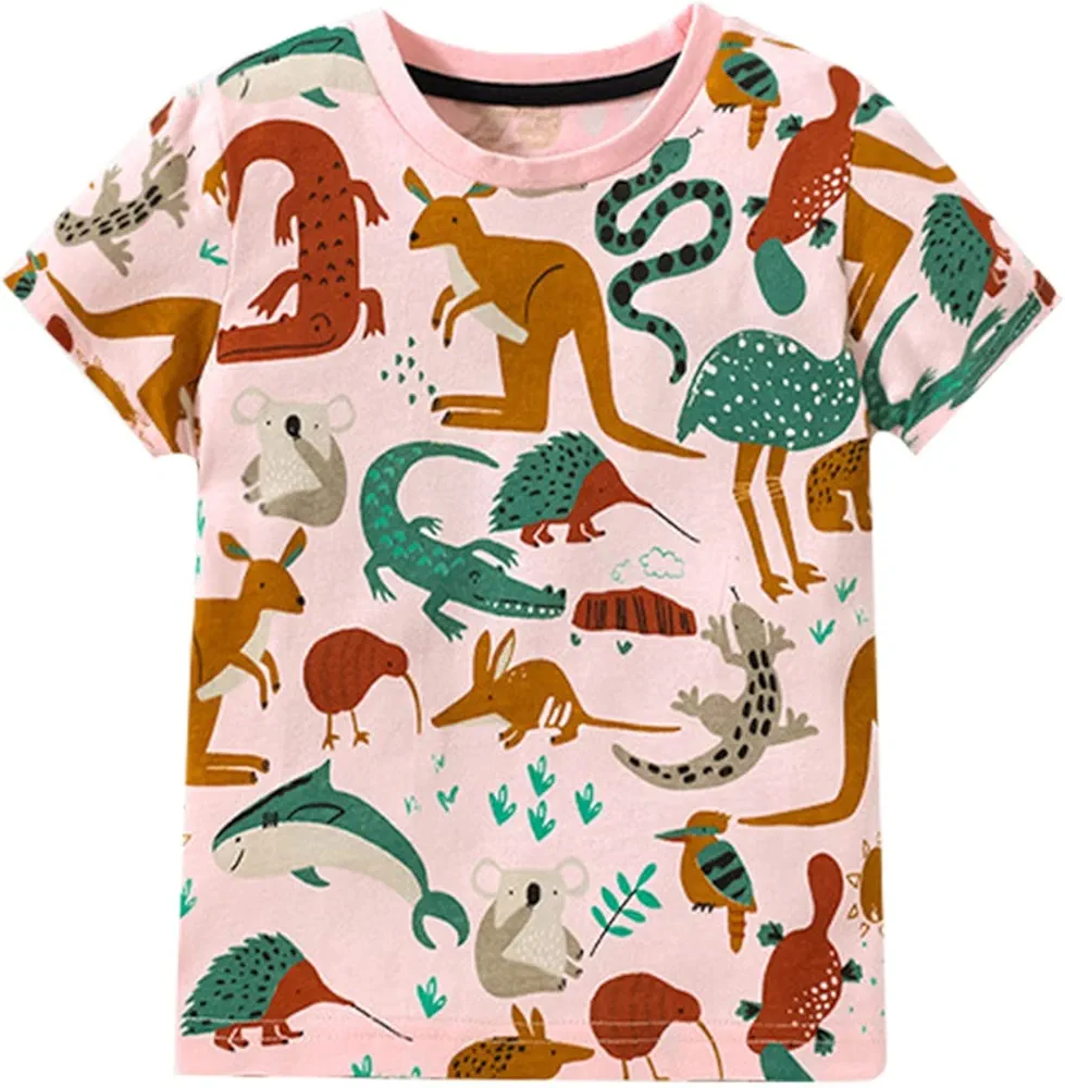 Lykmera Toddler Boys' Short Sleeve Tees Cotton Casual Animals Graphic Crewneck Summer Top Clothes T Shirts Long Sleeves Shirt for Boys (3-Pink, 12-24 Months)