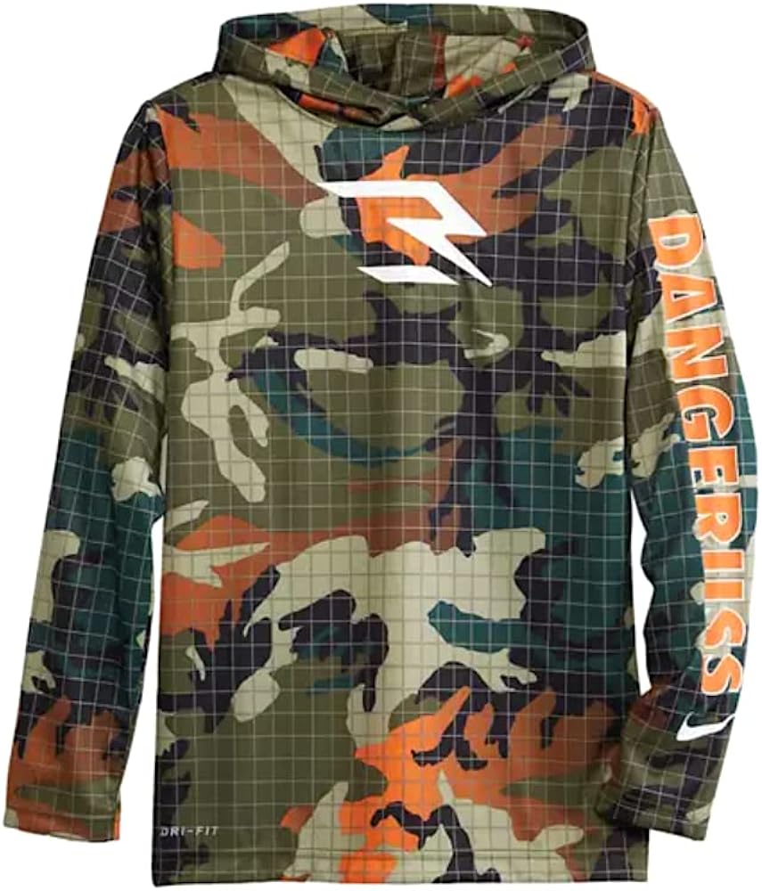 Nike Boys Rough Green Camo Hoodie, Limited Edition 3 Brand, Russell Wilson DangeRuss Logo on Front & Arm, Dri-Fit Technology, Unique Grid Overlay Design, Style 9Q0022/Color F1C, Size Small