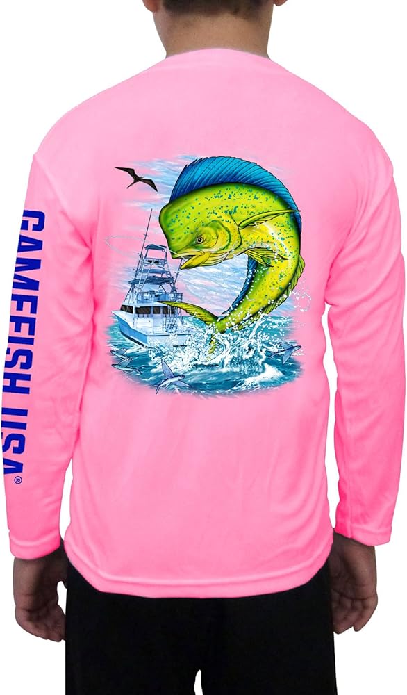 GAMEFISH USA Kid's UPF 50 Long Sleeve Microfiber Moisture Wicking Performance Fishing Shirt Mahi