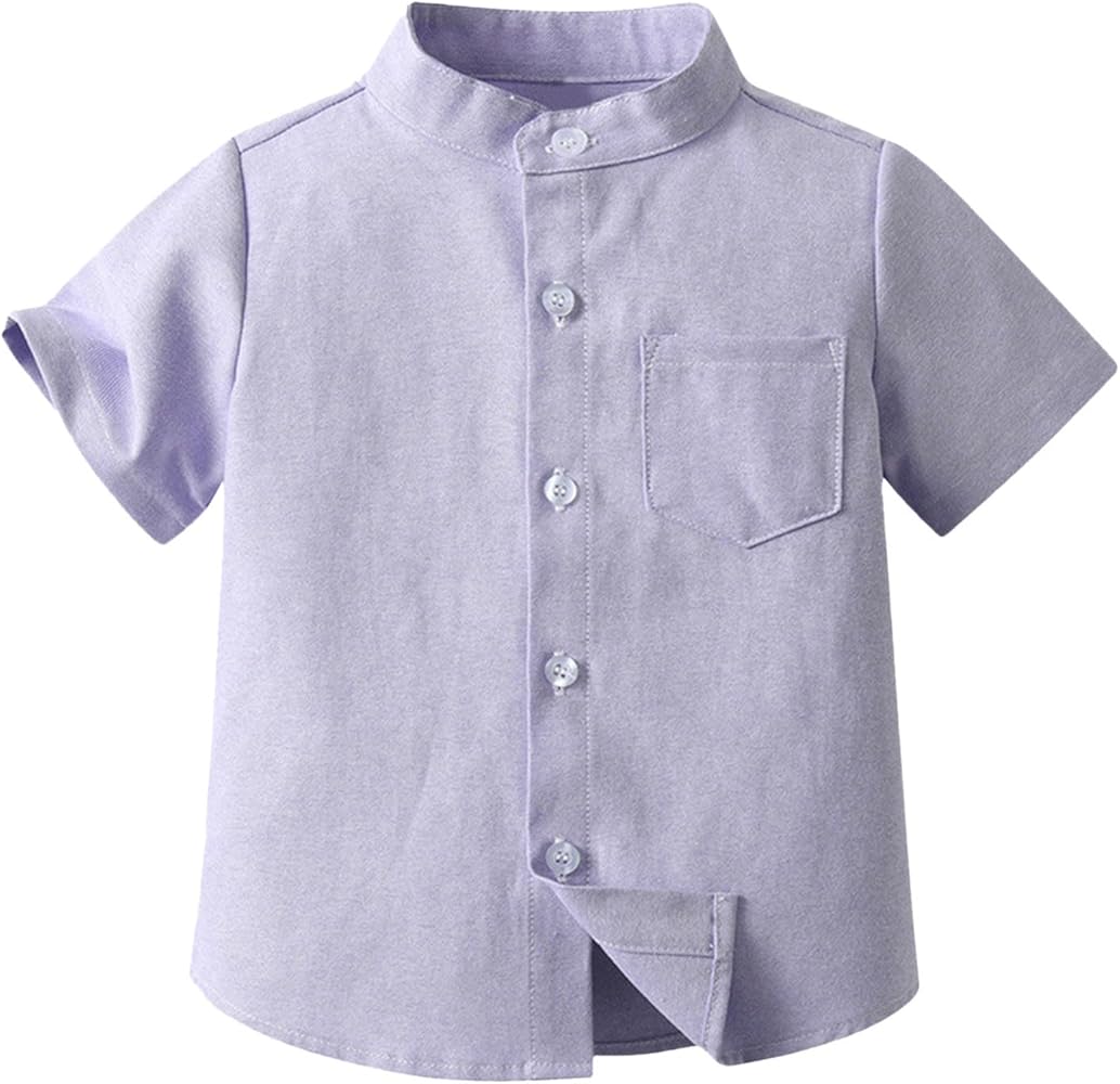 Boys Button Down Short Sleeve Linen Shirts Summer Beach T Shirts Top with One Pocket Solid Color Simple Tops