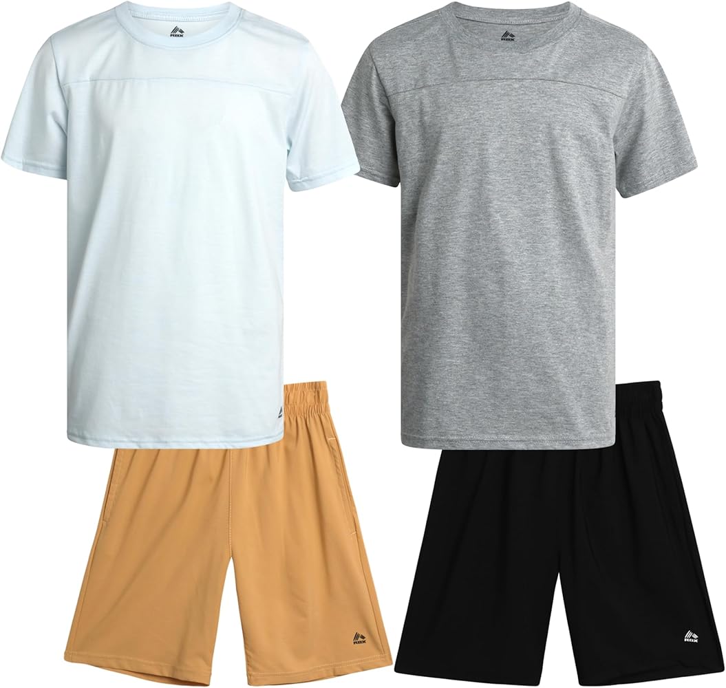 RBX Boys' Shorts Set - 4 Piece Active Short Sleeve T-Shirt & Tech Hybrid Shorts - Boy's Quick Drying Summer Clothing Set 4-12