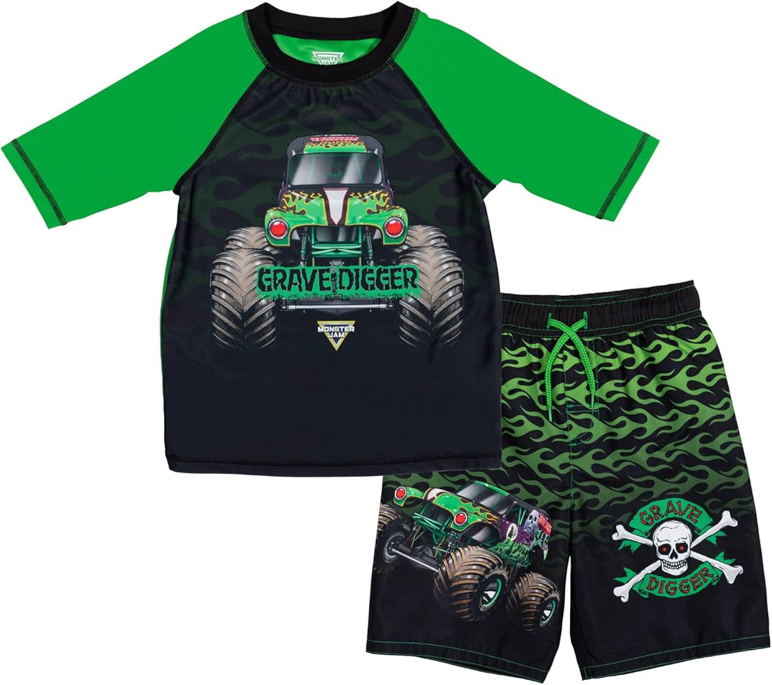 Monster Jam Megalodon El Toro Loco Grave Digger Rash Guard and Swim Trunks Outfit Set Toddler to Little Kid