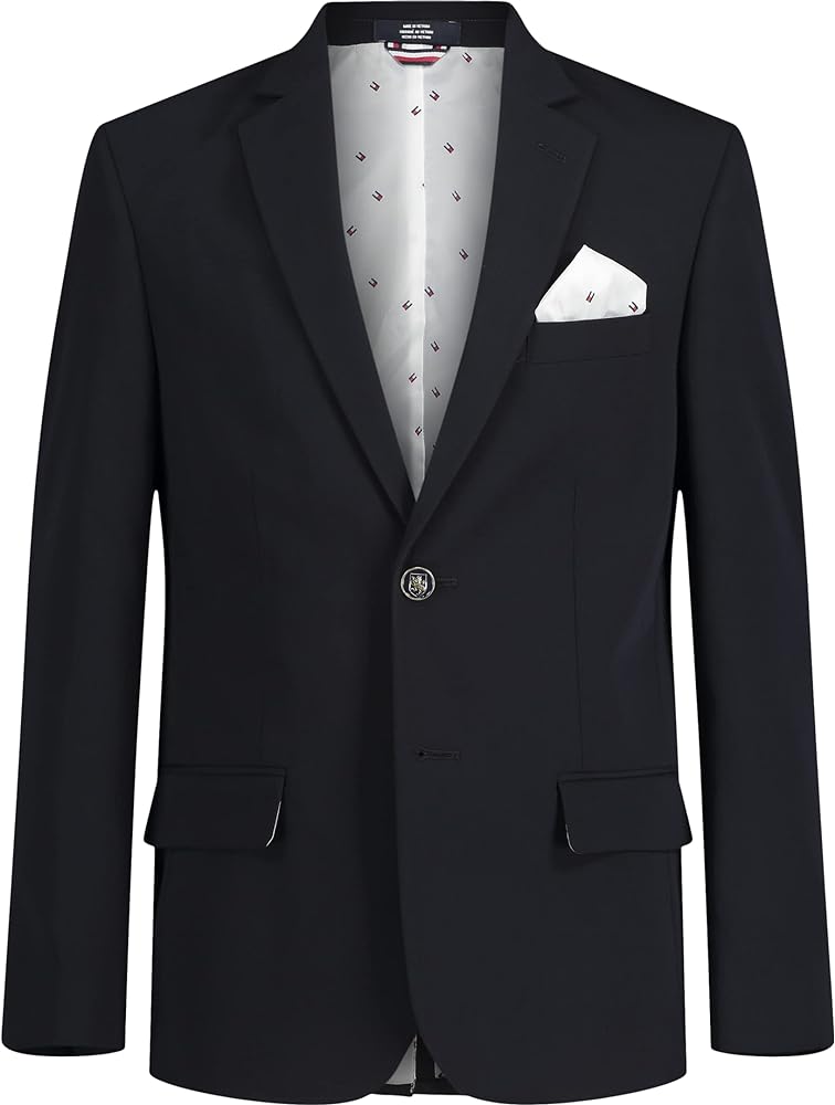 Tommy Hilfiger Boy's Alexander Blazer, Single Breasted With Pocket Square, Solid Color With Stripe Lining